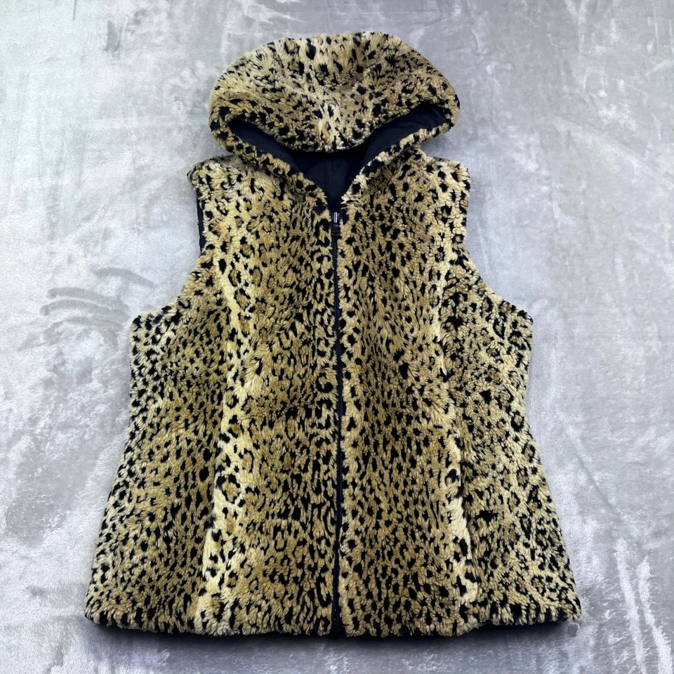 Kristen Blake Leopard Faux Fur Vest Womens M/M Hooded Sleeveless Jacket Boho - Image 1 of 4