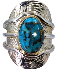 PTI India Sterling Silver 925 Gold Matrix Composite Turquoise Wide Ring Size 11 - Picture 1 of 12