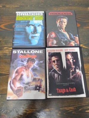 Schwarzenegger Vs Stallone 4 DVD Lot: Running Man + Tango & Cash + Over the Top - Image 1 of 4