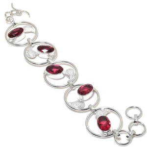 Garnet Quartz Oval Gemstone Silver Plated Bracelet Jewelry 7-8" - Picture 1 of 1