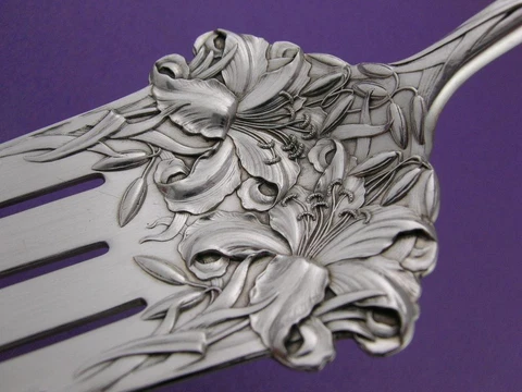 Sterling DURGIN 8 5/8" Meat Serving Fork NEW ART 1899 w/ elaborate Lily motif Cover