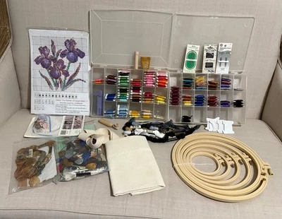 Huge Lot Cross Stitch Patterns, Thread, Hoops, Tools, Vintage Over 50 Piece Lot - Image 1 of 4