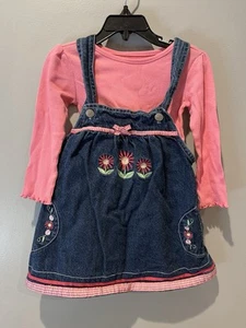 Garanimals Girls Pink LS Top W/Cute Denim Jumper W/Embroidered Flowers Size 2T - Picture 1 of 6