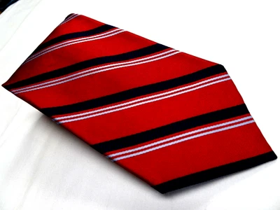 Corbata de seda hecha a mano Roundtree & Yorke tejida roja con rayas azules y blancas nueva sin etiquetas Foto 1 de 4