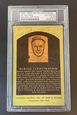 Pie Traynor - Signed - 1964 HOF Yellow - Postcard - Plaque - PSA/DNA - Auto 2x - Image 1 of 2
