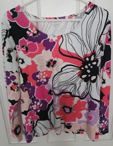 Pet CHRISTOPHER & BANKS LgSl Coral/Blck/White Floral Rnd Neck Cotton Blnd Top PL - Picture 1 of 5
