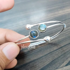 Labradorite Gemstone 925 Sterling Silver Open Designer Silver Gift Bangle SV3077 - Picture 1 of 6