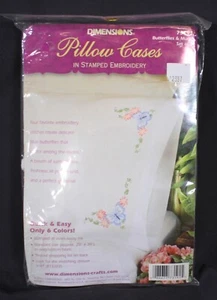 2 Vtg Dimensions Pillow Cases Stamped Embroidery Butterflies & Mums 73191 New - Picture 1 of 8