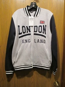 N S Luxury Streetwear Gray& Blue London Flag Baseball Jacket Full Zipper M NEW - Picture 1 of 11