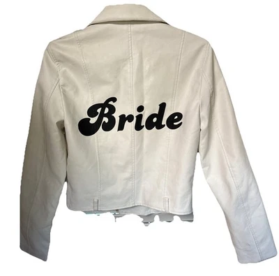 LOVE TREE WHITE FAUX LEATHER EMBROIDERED “BRIDE” ZIPPERS JACKET SIZE M WORN ONCE - Image 1 of 4