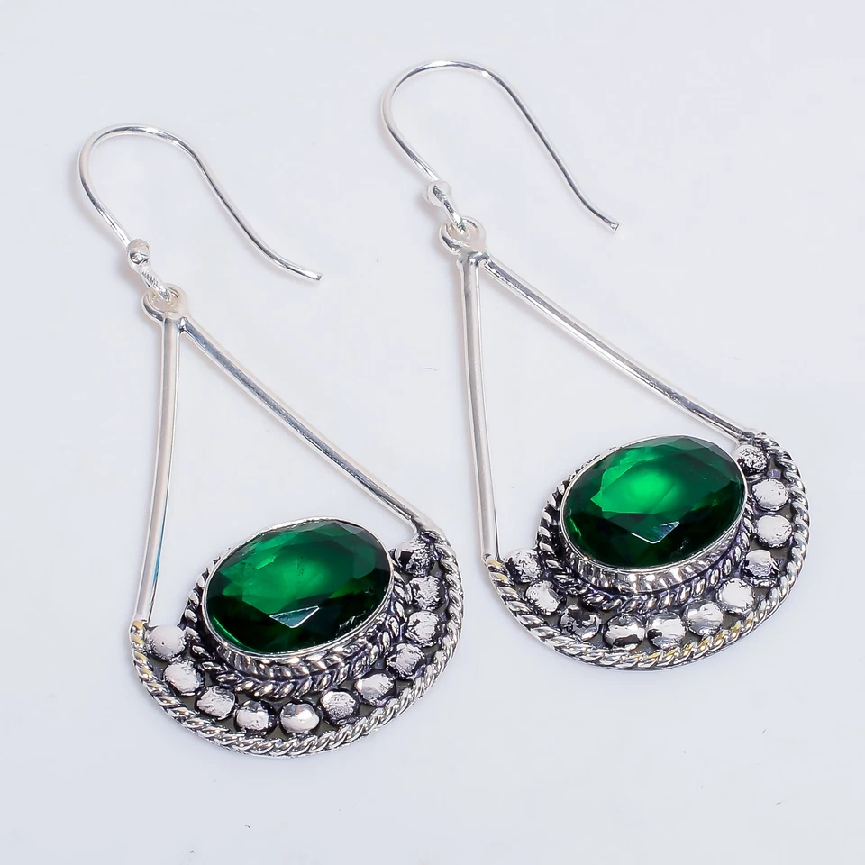 Pendientes de plata de ley 925 hechos a mano vintage con piedras preciosas de diopsido 2,2" w096 Foto 1 de 4