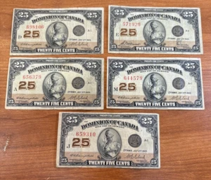 1923 Dominion of Canada 25 cents banknote lot of 5 notes - Picture 1 of 2