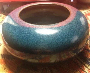 Ohio Stoneware Art Pottery Low Bulb Planter unmarked blue/green /teal with frog - Picture 1 of 4