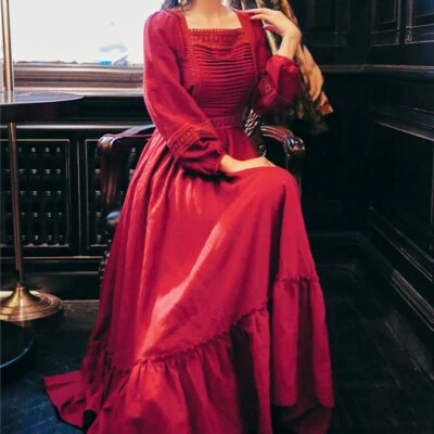 Dama Victoriano Crochet Encaje Cuello Cuadrado Vestido Manga Larga Abullonada Túnica Retro Lindo Foto 1 de 4