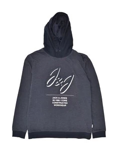 JACK & JONES Mens Graphic Hoodie Jumper Large Navy Blue Colourblock Cotton BC09 - Picture 1 of 5