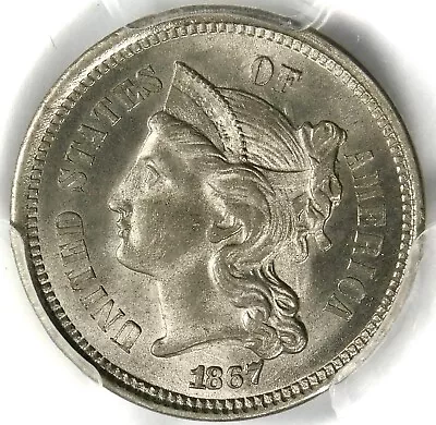🥶🔥🥶🔥🤍😍PCGS MS66 1867 3 CENT NICKEL - Image 1 of 3