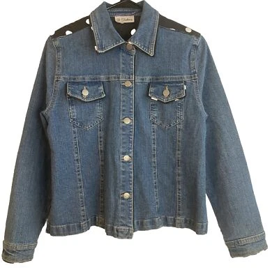 3 Sisters Womens Denim Blue Jean Jacket Size M 19x24” Black White Polka Dot Trim - Image 1 of 4