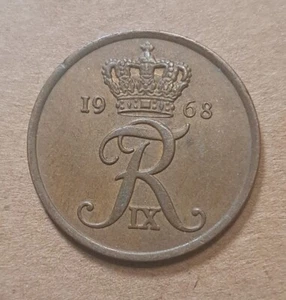 1968 Denmark 5 Ore Crowned Monogram Frederik IX, Wheat Ears 6g 24mm Coin - Picture 1 of 10