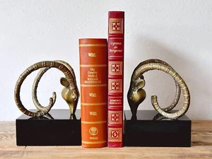 Pair of Vintage 1980s Brass Rams Head Bookends on Black Pedestal | Mid Century - Picture 1 of 10
