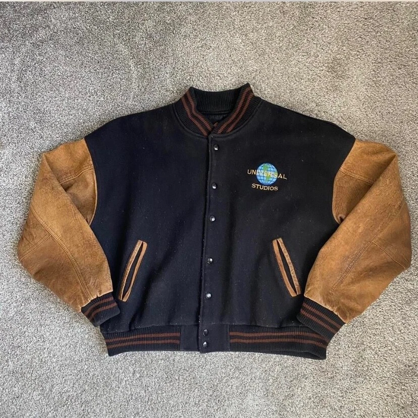 Chaqueta Letterman Universitaria De Colección Cuero Genuino Lana Universal Studios Foto 1 de 4