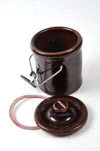 Vintage Brown Glazed Cheese & Butter Crock Jar w/ Locking Wire Bail Lid 5" - Picture 1 of 11