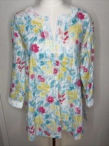 Alfred Dunner Damen-Tunika rosa blau weiß Blumen bestickt Top Größe 16 neu mit Etikett - Bild 1 von 8