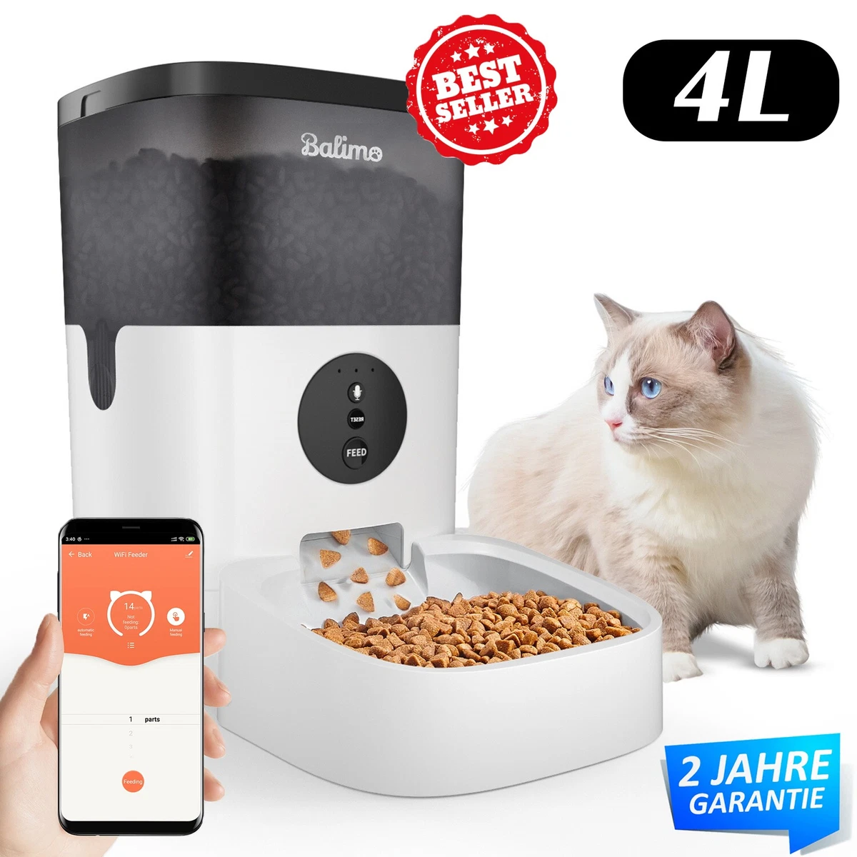 Automatischer Futterautomat Für Katzen – Mit Timer, App-Steuerung & Keramiknapf (PF2, 3,5 Liter)