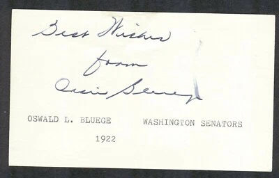 OSSIE BLUEGE {1900-1985} Vintage Signed 3x5 Index Card WASHINGTON SENATORS JSA - Image 1 of 2