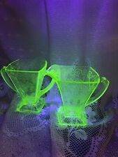 Vintage Uranium Indiana Glass Sugar Creamer Lorraine Green Etched Lorain Baskets