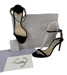 Jimmy Choo Auth 8.5 US 38.5 EU Black Suede Leather Sandals Heels Shoes Bag Box - Picture 1 of 9