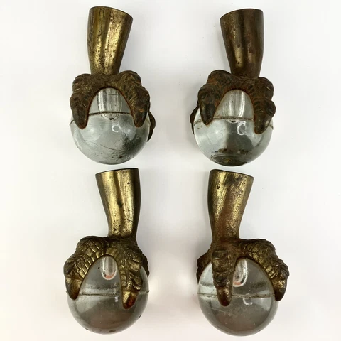 4 Antique huge 3" glass ball cast iron claw foot  6" table legs Gothic Crystal T Cover