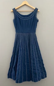 1950's Dark Blue and White Trim Handmade Fit and Flare Dress - 4/Small - Picture 1 of 11