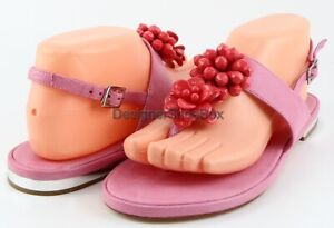 $295 MISS TRISH DUO THONG Pink Leather Designer T-Strap Thong Sandal 7.5 EU 37.5