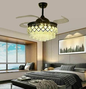 42'' Modern Simple Crystal Chandelier Black Ceiling Fan w/Remote Retractable Fan - Picture 1 of 10