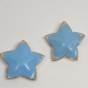 Vintage Blue Enamel Star Earrings Gold Tone Clip On Large Stud Kawaii Kitsch - Picture 1 of 7