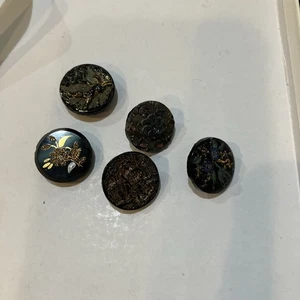 5 Victorian Era Black Glass Buttons  Gold Luster Estate - Picture 1 of 3