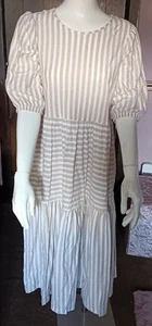 Size 14P Next Petite White & Beige Stripe Long Dress. - Picture 1 of 2