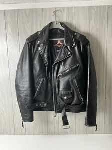 SIZE 46 Vintage Vanguard Jacket Black Leather Motorcycle Belted Perfecto-Style - Picture 1 of 24