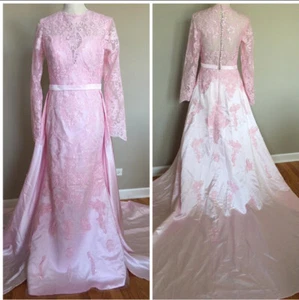New Pink Long Sleeve Maxi Dress Gown Prom Wedding Lace Vintage Modest Size 6 - Picture 1 of 5