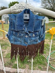 Girl Size 8/10 Handcrafted Faux leather Fringe Denim Western Country Vest