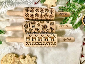 CHRISTMAS 3 Mini Embossed Rolling Pin Set Wooden Laser Engraved Textured Rolling - Picture 1 of 7