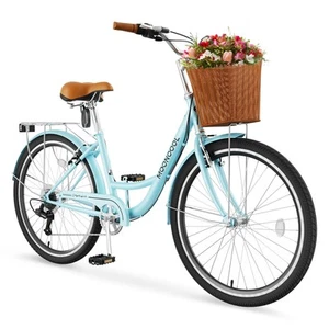 Womens Bike, 7 Speed Bike for Adults Women with Ratten Basket & Rack, Beach C... - Picture 1 of 9
