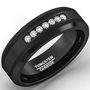 8mm Black Mens Tungsten Carbide Wedding Ring 7 Cubic Zircon Trillion NEW*