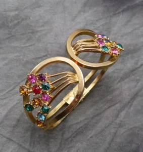 Vintage Rhinestone Bracelet Bangle Pastel Pink Green Crystal Hinged Cuff 874b - Picture 1 of 14