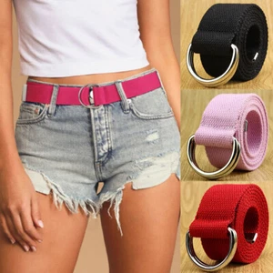Men Women Canvas Web Belt Casual Military Jeans Belt Black Double D-ring Buckle - Picture 1 of 25