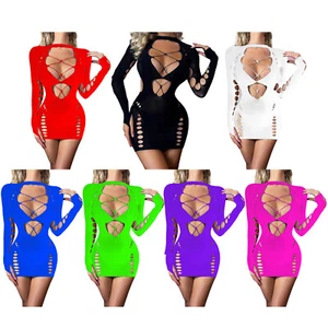 Womens Sheer Fishnet Hollow Out Long Sleeve Bodycon Lingerie Dress Mini Dress - Picture 1 of 72