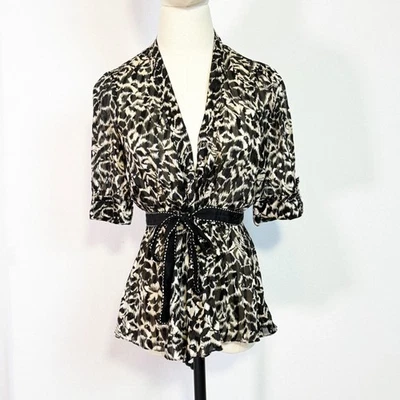 BCBG Max Azria | Blusa 100% Seda | Corbata Cintura Peplum | Negro Gris Crema | Talla S  Foto 1 de 4