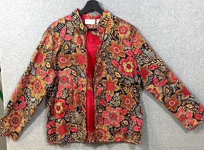 Alfred Dunner Red Floral Quilted Open Blazer Jacket Reversible Women's Size 14 - Image 1 of 4