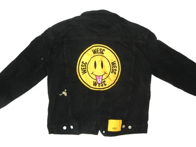 WESC Black Denim Cotton SMILEY FACE BUTTON-UP JACKET Happy Patch Coat Men's M - Image 1 of 4