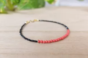 Coral & Black Spinel Faceted Round Gemstone Beaded Handmade Unisex Bracelet 6-8" - Picture 1 of 8